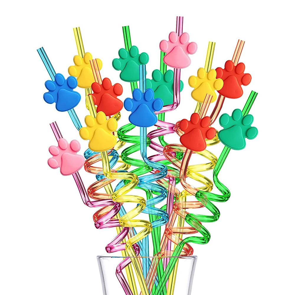 8pcs Reusable pet dog Paw Straws Puppy Paw Plastic Drinking Straw Dog Paw theme Birthday Party Supplies kids Birthday Decor Gift