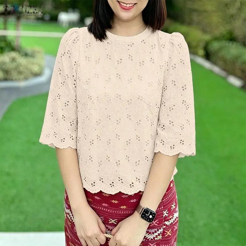 

Women's Casual Openwork Embroidered Floral Blouses O-Neck Half Sleeve Patchwork Tops ZANZEA Summer Daily Wear Blusas de Mujer