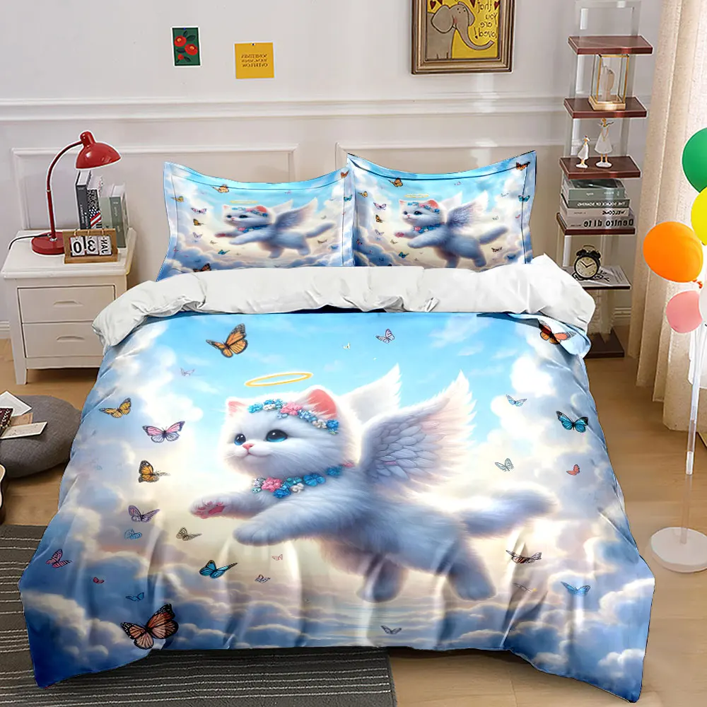 Angel cat surrounded by butterflies Printed Duvet Cover Set1 Duvet Cover+2 PillowcaseMulti Size Bedroom Bedding Decoration