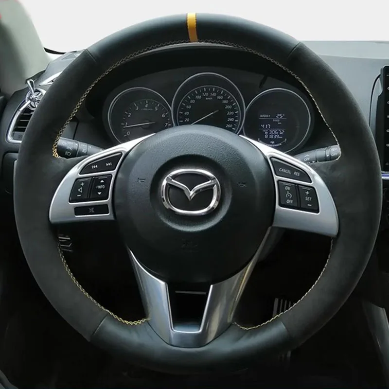 

Для Mazda 3 Axela 6 Atenza 2 CX-3 CX-5 2013-2017, прошитый вручную нескользящий черный чехол на руль из натуральной кожи и замши