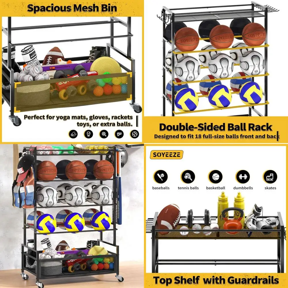 

5-Shelf Sports Equipment Organizer with Ball Stand, Outdoor Toy Storage, and Rolling Cart for Indoor/Outdoor Use