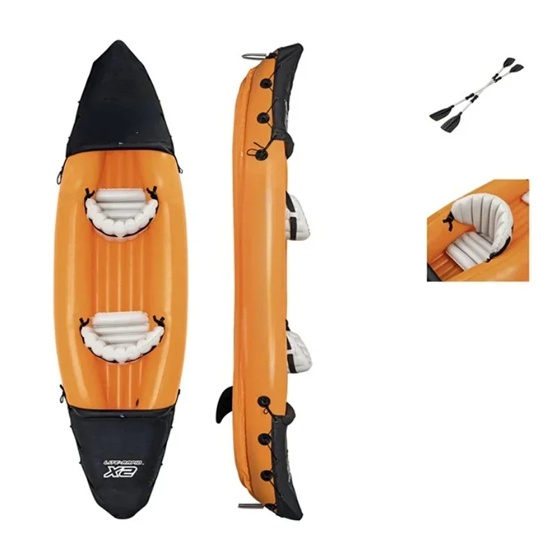 Barco de pesca de deportes acuáticos portátil naranja con bomba de aire de paleta y bolsa para 2 personas, kayak inflable de 321 por 88cm