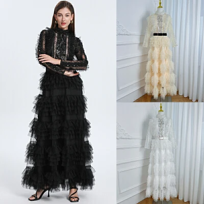 

Elegant Embroidered Sequins Long Dresses Autumn Women Layer Ruffles Cake Full Sleeve Evening Party Vestidos Mesh Tulle Long Robe