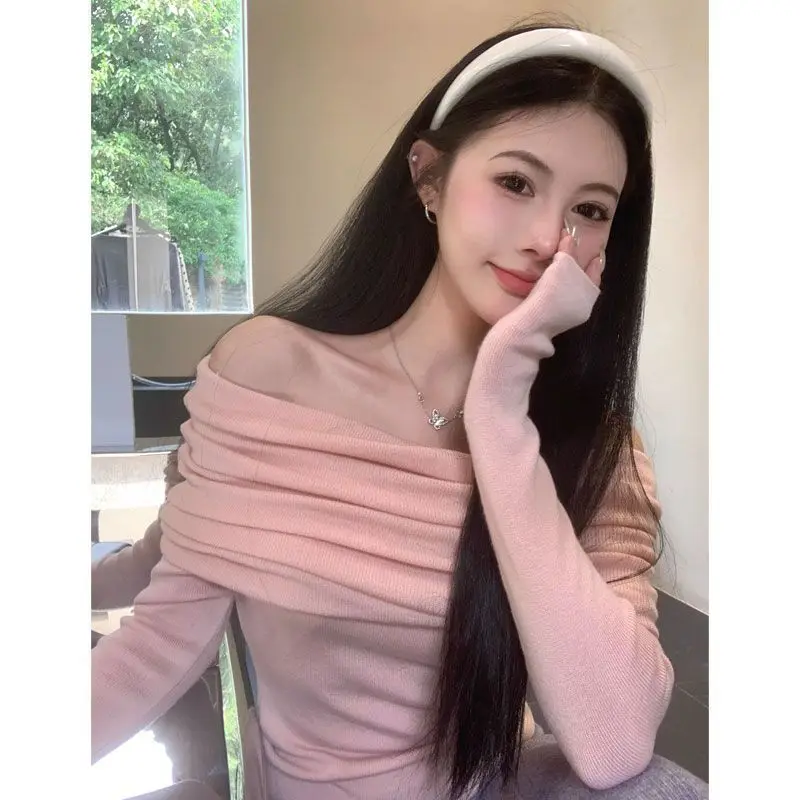 One Shoulder Knitting Spring Women Undershirt Texture All-match Strapless French Clavicle Solid Color Slim Comfortable Tops