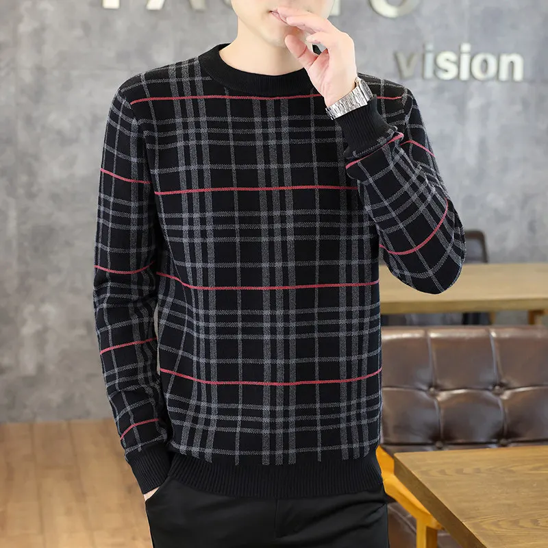 

Мужской элитный роскошный вязаный свитер круглого цвета с встроенным цветком, облегающий крой, теплая основа, модный повседневный костюм с клетчатым узором