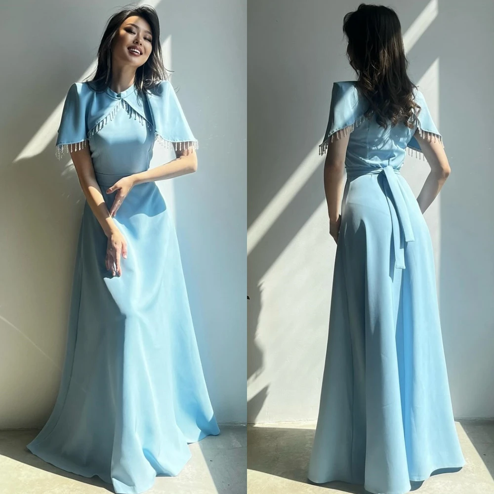 

Customized High Quality Blue Evening Dress Exquisite Short Sleeves Celebrity Gowns Luxury Sweep Train Special Occasion Gowns