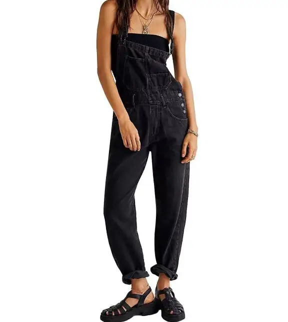Tute donna Streetwear salopette in Denim pantaloni Casual larghi Vintage pantaloni Jeans dritti con cinturino a vita alta novità