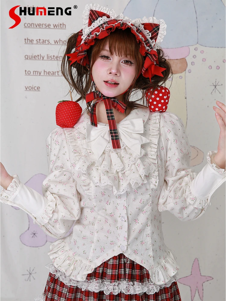 

Original Japanese Sweet Cute Girl Long Sleeve Shirts Retro Print Single-Breasted Slim Fit Versatile Lolita Blouse Tops For Women