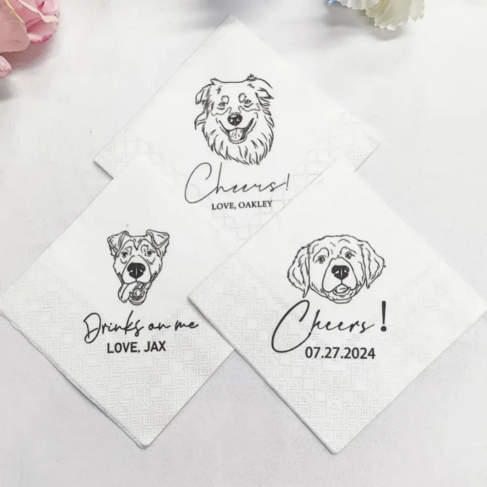 تخصيص الحيوانات الأليفة المناديل الزفاف ، الحيوانات الأليفة الوجه واسم منديل ، الحيوانات الأليفة خط واحد رسم منديل ، الكلب منديل الزفاف ديكور ، منديل عيد ميلاد