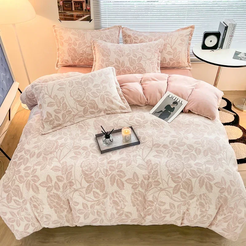 New thickened carved milk fleece four-piece set coral fleece winter flannel sheet mattress quilt cover bedding