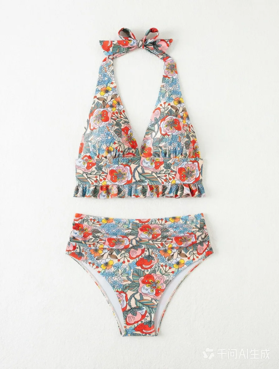 sexy flower print halter tie ruffles bikinis sets two pieces wrinkled high waist swimsuits bathing suit swimwear biquini tankini