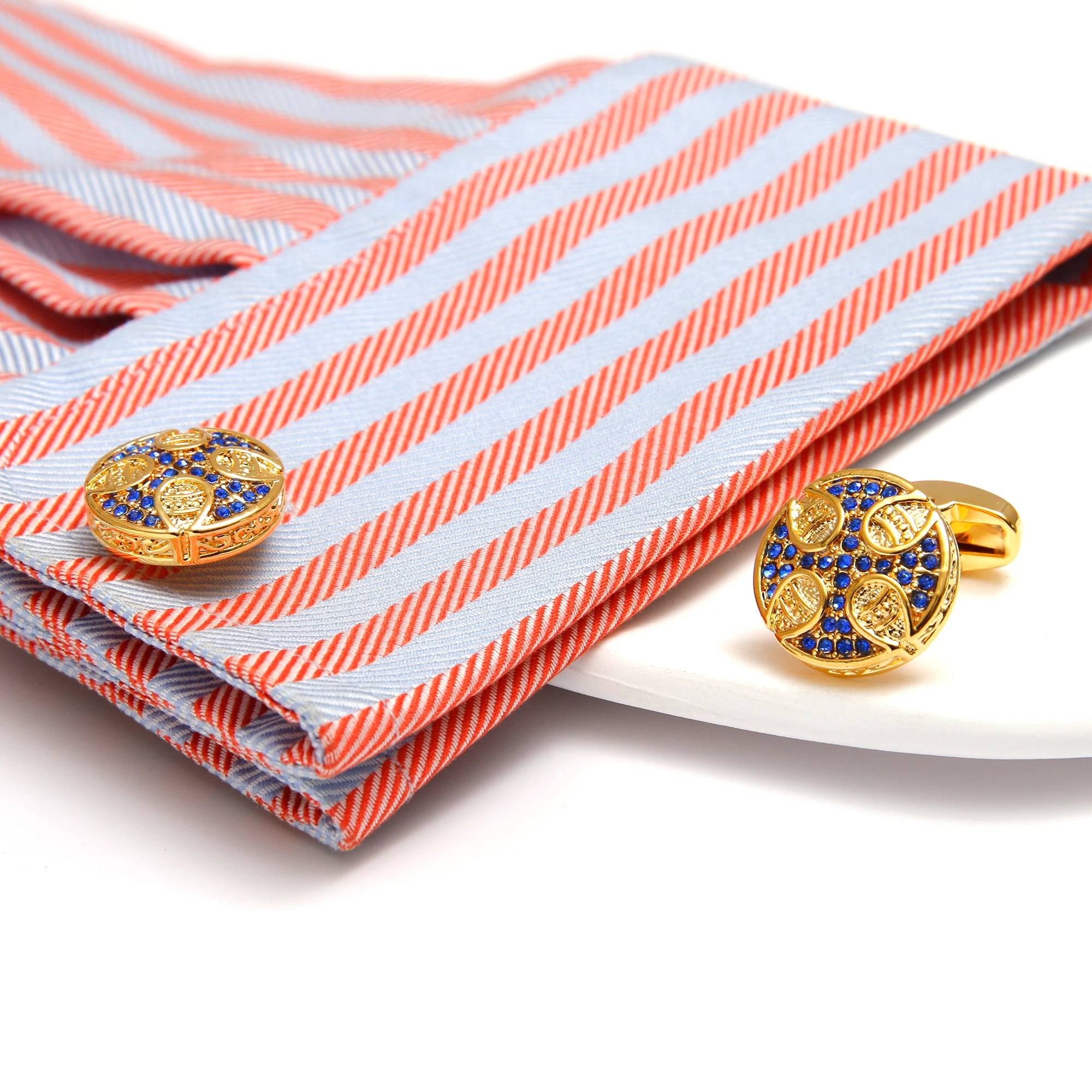 Men Cufflinks XK24036 Luxury Blue Zircon Round Copper Golden Cute Dress Shirt Cuff Links Jewelry