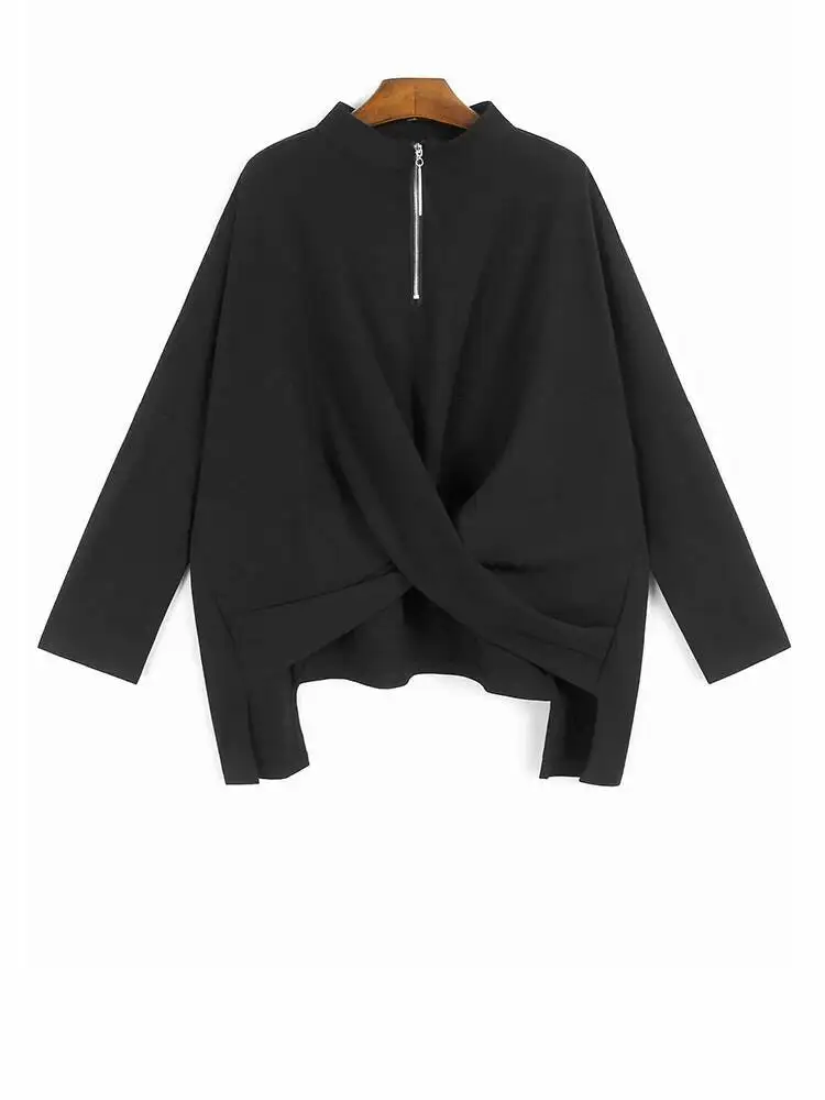 

Women Black Cross Irregular Hem Big Size T-shirt New Stand Collar Long Sleeve Fashion Tide Spring Autumn