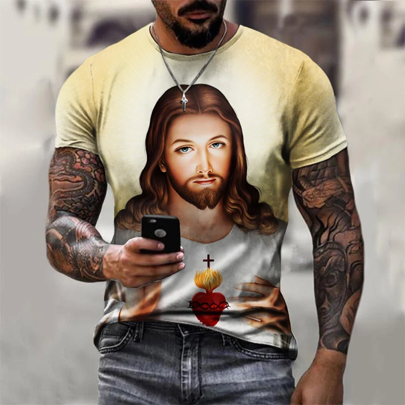 2024 New Summer Men\'s T Shirts Casual European American Street Tshirts Jesus 3D Printed Fashion Looose Men Short Sleeved T-shirt