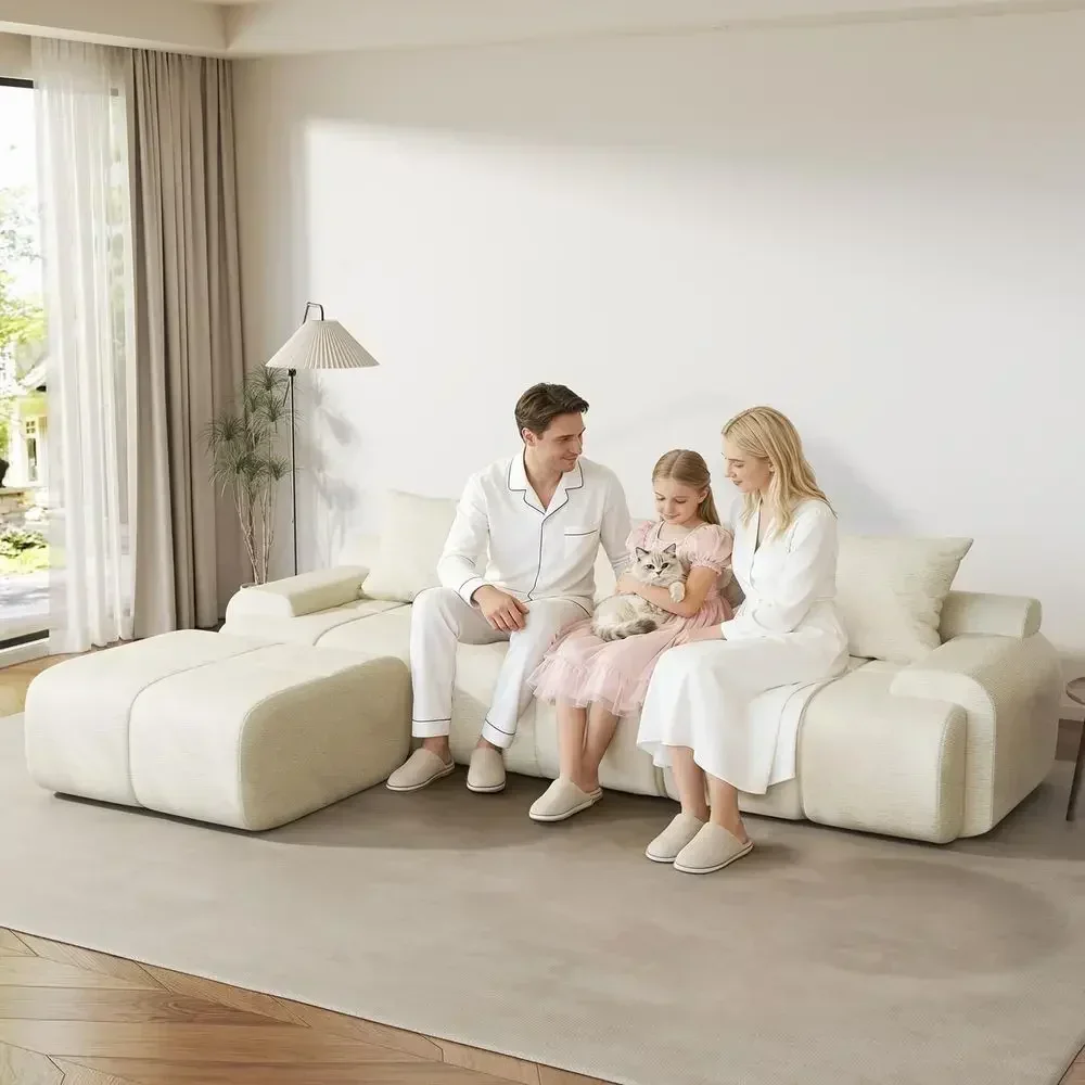 Cream White 67 Deep L-Shaped Sofa Set with Ottoman, Plush Chenille Corduroy, Memory Foam Cushions, No Assembly Required