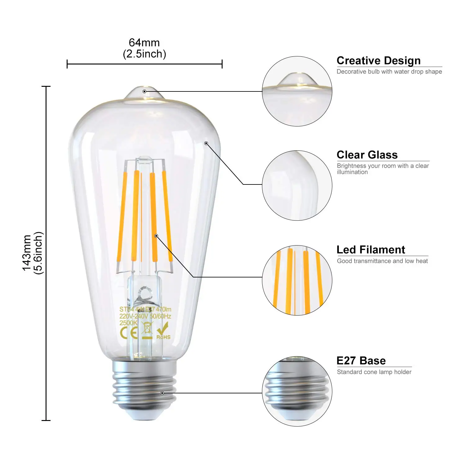 E27 Led St64 4W 6W 8W Edison Retro Vintage Filament 85V-265V Warm Wit 2700K 4500K 6500K Cob Led Lamp