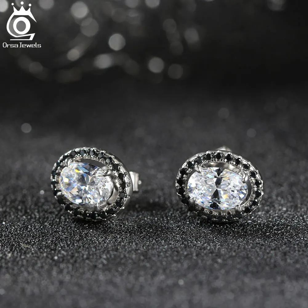 

ORSA JEWELS женские черные круглые серьги из стерлингового серебра 925 пробы с цирконом, свадебные серьги-гвоздики, блестящие серьги-гвоздики, подарок LZE17