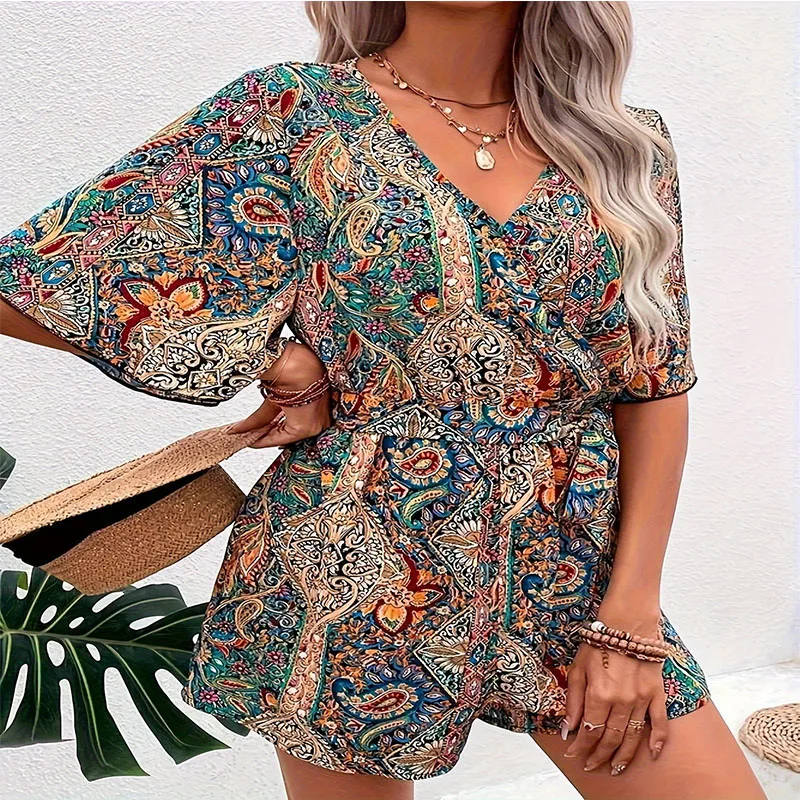 

2024 New Arrival Hot Selling Women's Fashion Retro Printed Jumpsuit Summer Elegant Style Ladies Clothes Casual Daily Wear Sets