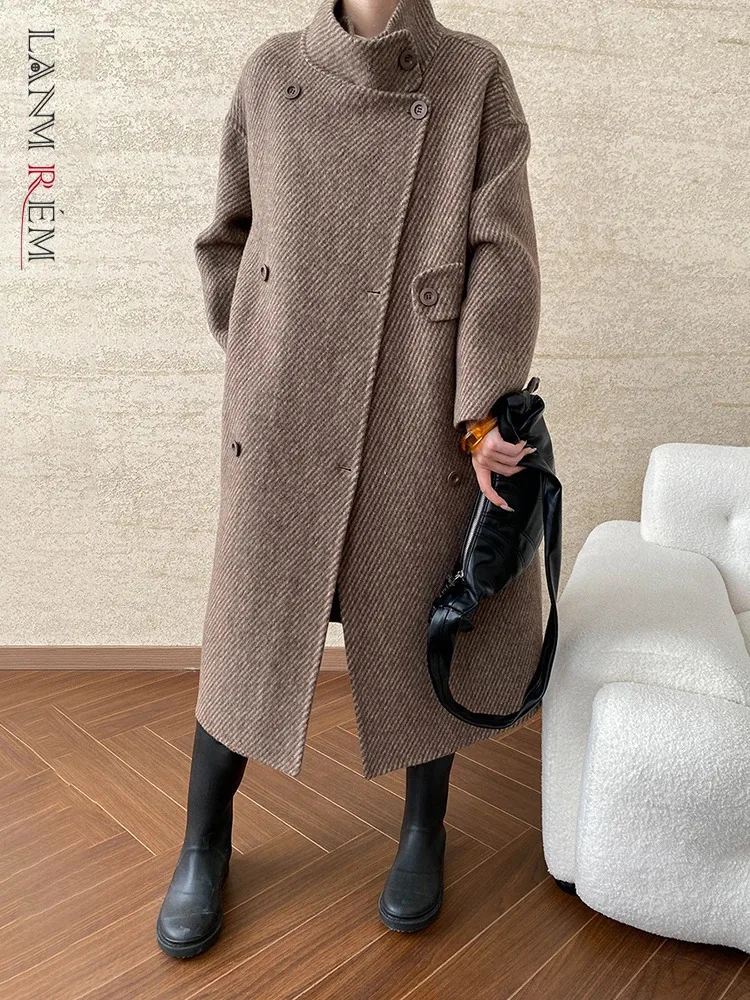 

[LANMREM] Office Lady Thick Warm Woolen Coats For Women Turtleneck Double Breasted Long Outwear Elegant 2024 Winter New 26C940