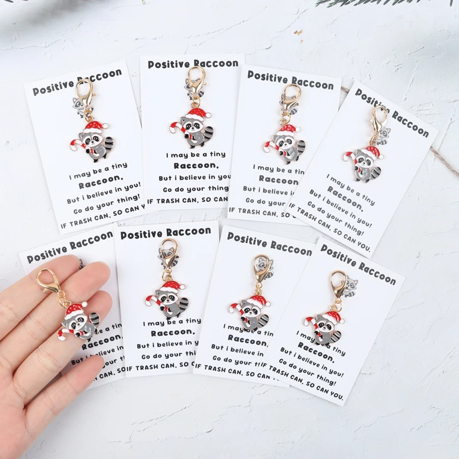 5 Pieces/8 Pieces of Cute Raccoon Keychains, with Positive Raccoon Greeting Cards, Animal-Themed Pendants, Miss-You Gifts, Christmas Support Gifts. Small Animal Pendant for a Friend, for Raccoon Enthusiasts.