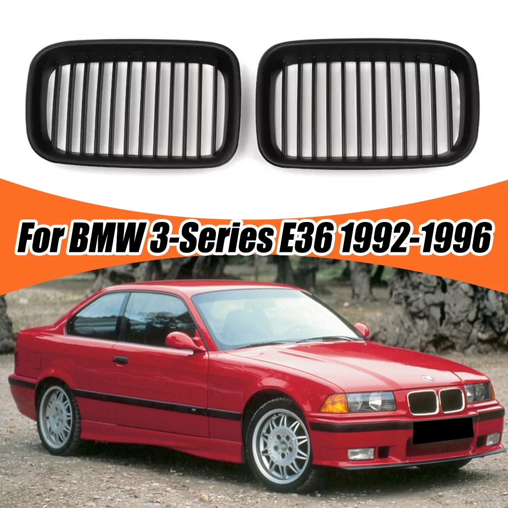 2Pcs Car Style Matte Black Front Kidney Grill Grille For BMW 3-Series E36 1992-1996 Coupe/Convertible/Compact/Sedan Pre-Facelift