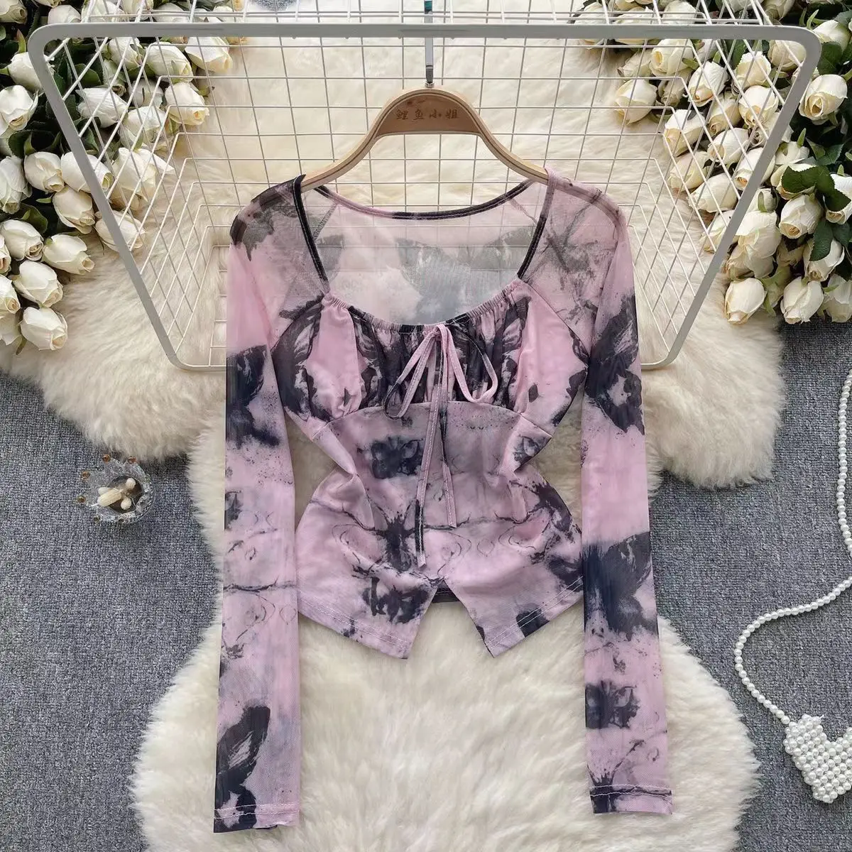 Sweet and Cool Hot Girl Style Tulle Floral Shirt for Women in Summer Straps and Navel-exposed Design Unique Pure Top Trendy