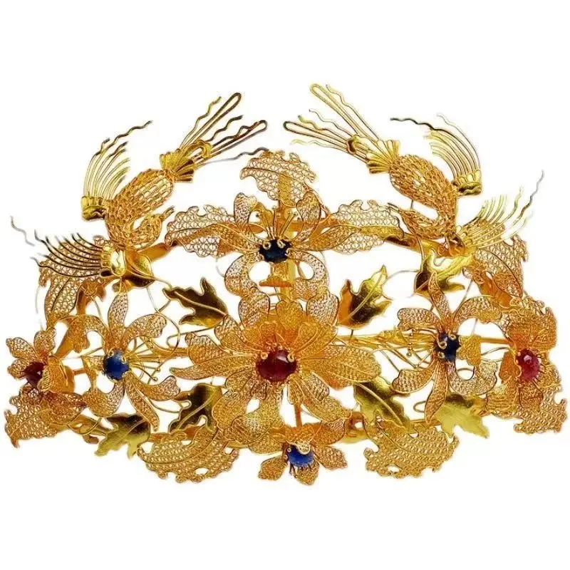 Pure copper gold-plated hair crown double bird ring flower set ancient headdress hair crown bride wedding spot phoenix crown