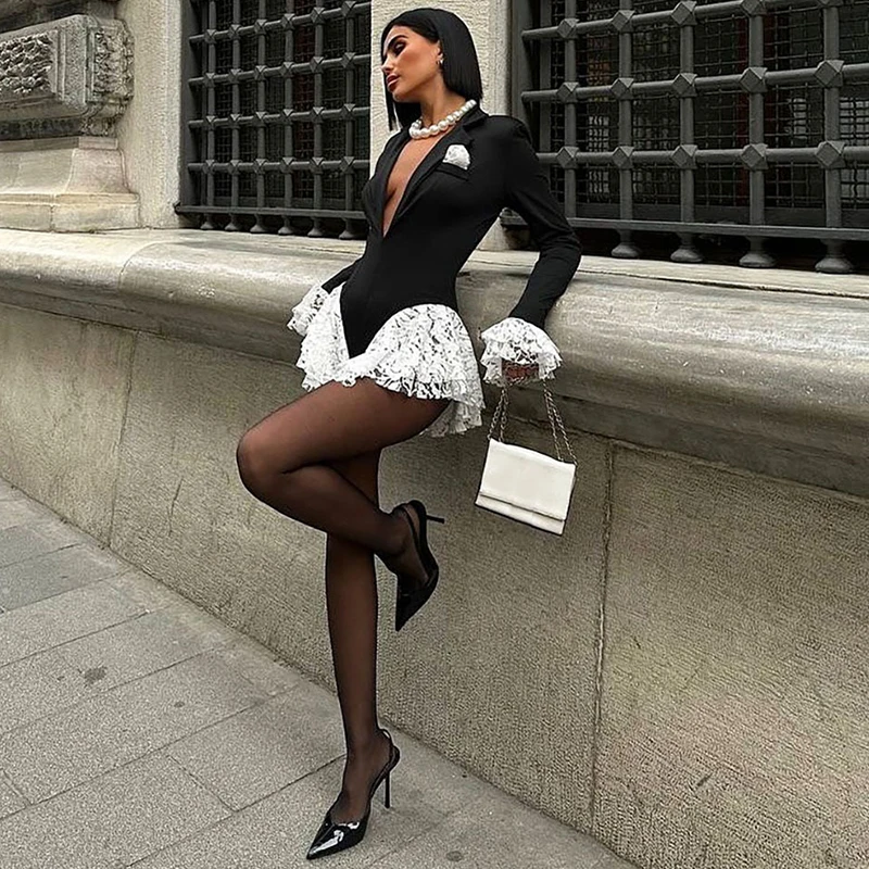 Tornova Seksowny kombinezon z głębokim dekoltem w kształcie litery V, koronkowy, damski, modny streetwear, rozszerzane długie rękawy, kombinezony, wysoki stan, wyszczuplający, damski, nowość 2025