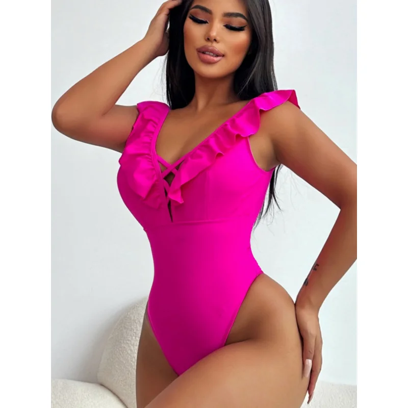 

New One-Piece Swimsuit Solid Color Sexy Ruffle Swimwear-Independent StationLG399