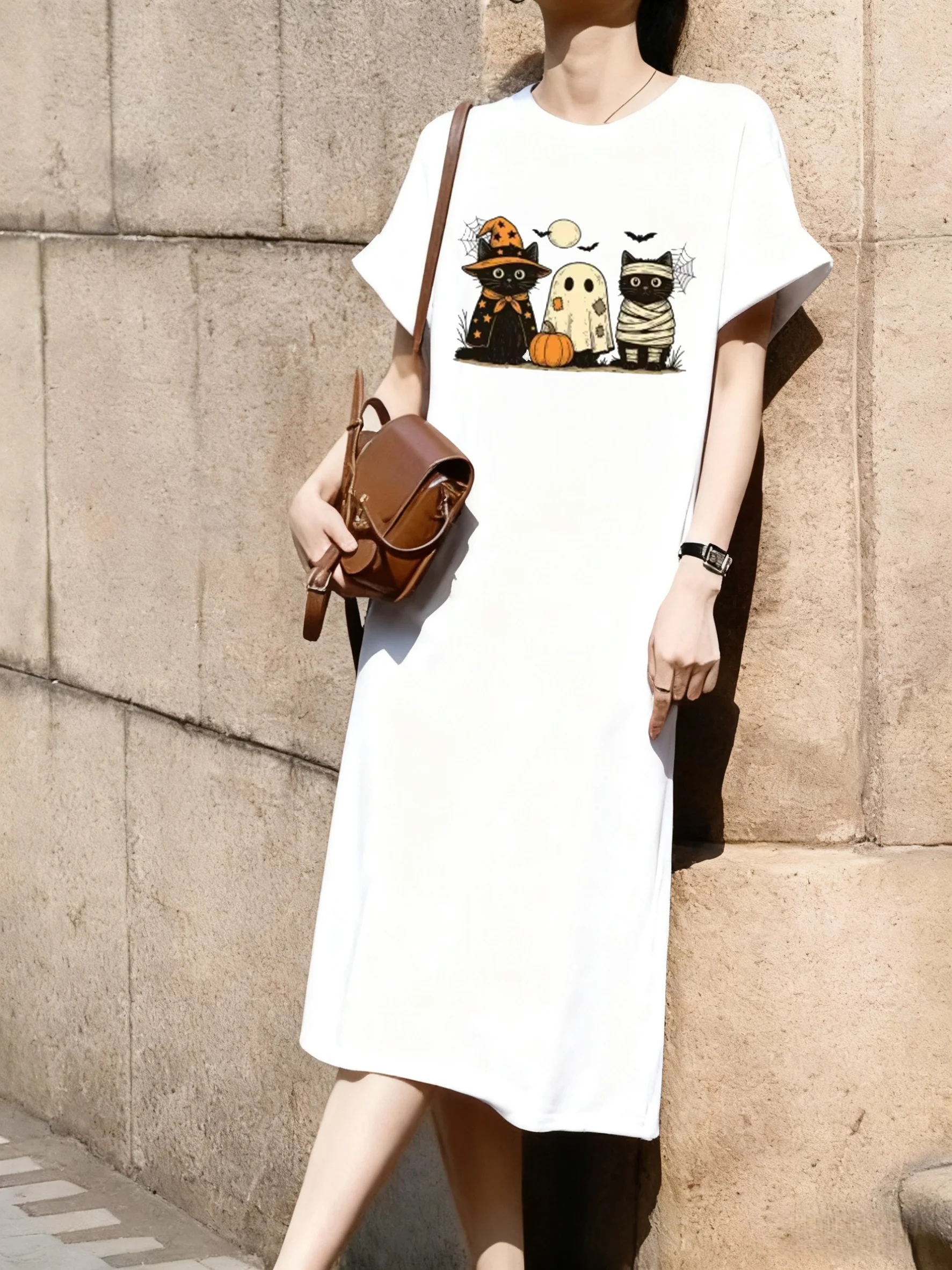 

Black Cat Pumpkin Ghots Gothic Fall Cat Mama Print Short Sleeved Dress Mid Length Over Knee Dress Leisure Y2K Women's Long Tees