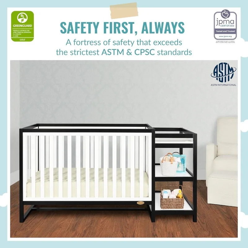 5-in-1 Convertible Crib and Changing Table with Free Pad in Black White, 3 Mattress Height Settings, Non-Toxic Finishes