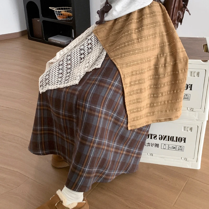 Design irregular rendas retalhos xadrez saias femininas 2025 moda cintura alta plissado saia longa mulher chique guarda-chuva saia feminina