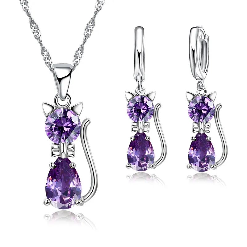 Heiße Mode Silber CZ Schmuck Sets 925 Silber Nette Katze Geformt Halskette Hoop Ohrring Set Für Frauen/mädchen Geschenke