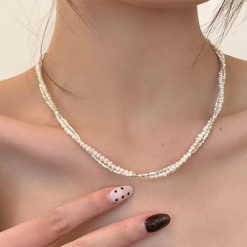 Double Layered Shiny Silver Beads Choker Faux Small Pearl Dainty Necklace for Teen Girls Daily School Wear