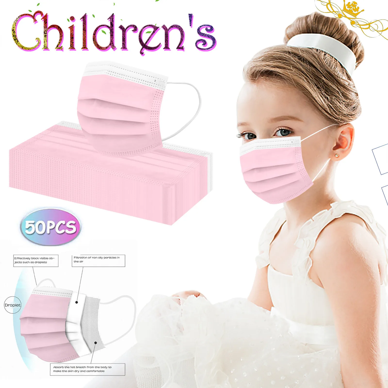 50Pcs Kids Face Mask Disposable 3 Ply Safety Face Mask 4-12 Children Face Mask