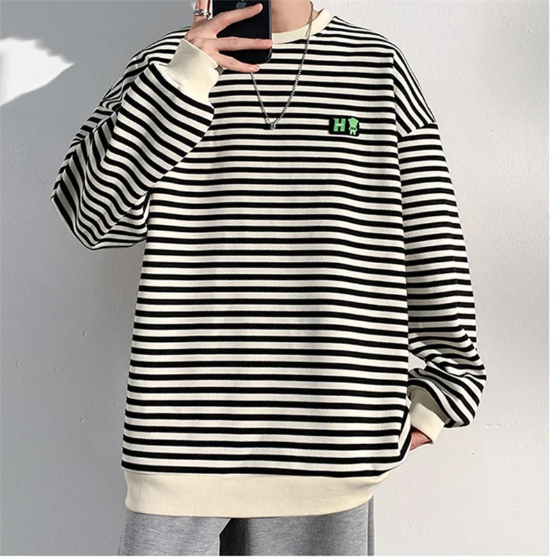 

2023 Autumn New Youth Fashion Trend Handsome Striped Long Sleeve Sweater for Men's Casual Versatile Loose Pullover Sweater