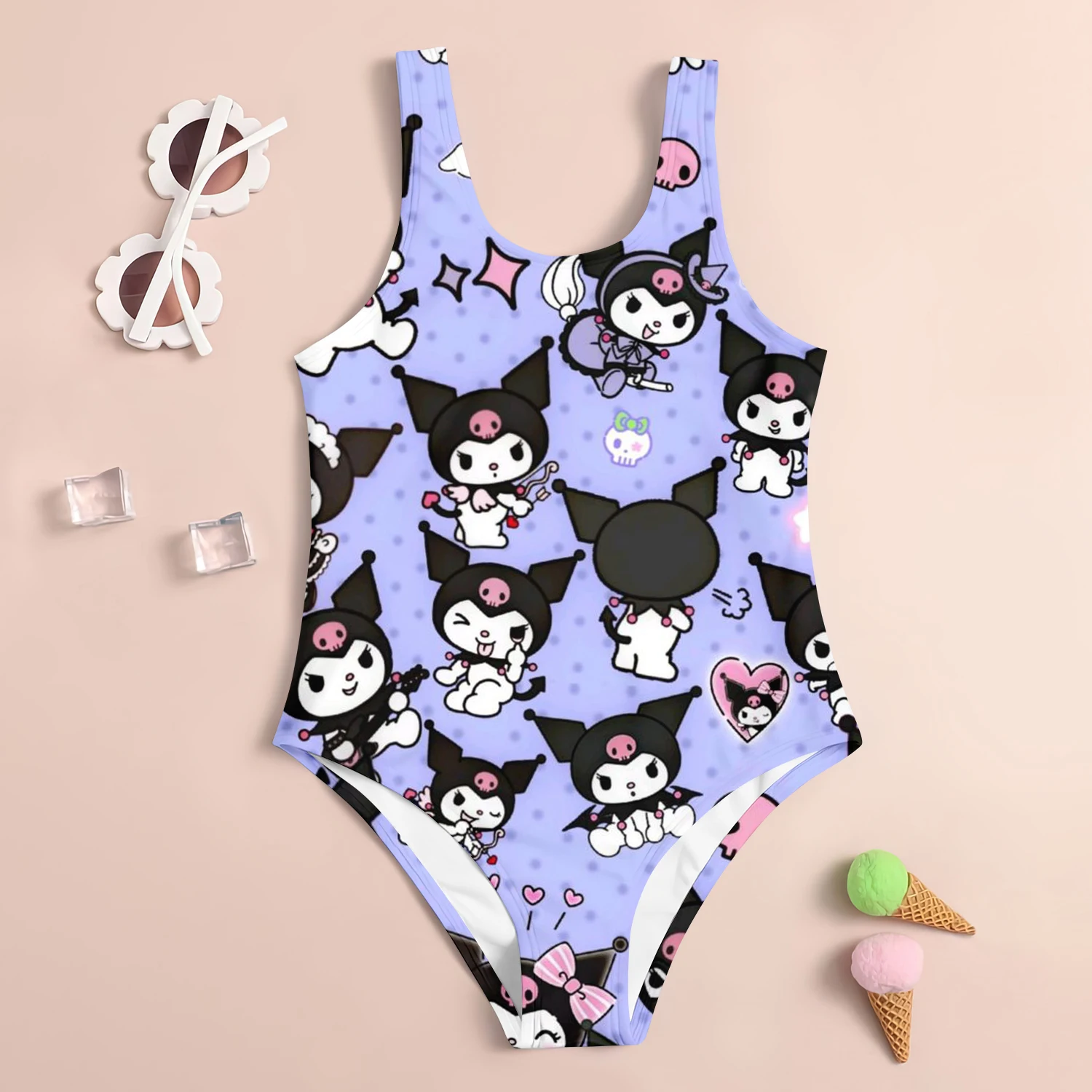 24 Miniso Cute Children\'s One-Piece Swimsuit Kuromi 3d Printed Girl Women\'s Swimsuit Soft Breathable Kids Summer Seaside Clothes