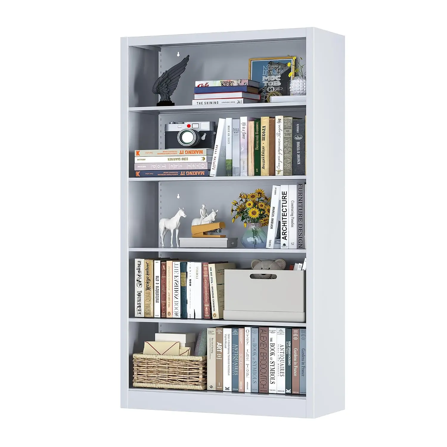 5-Shelf Metal Bookcase Adjustable Storage for Books CDs Toys Home Office Living Room Library, Customized