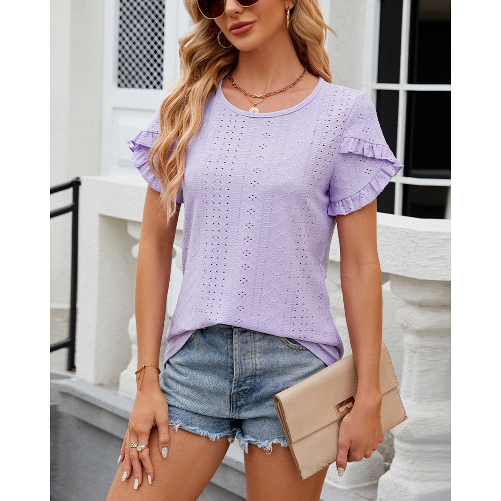 Kobiety z okrągłym dekoltem falbany krótki rękaw wydrążony letni Top bluzka Femme Casual T Shirt y2k eleganckie bluzki dla kobiet moda