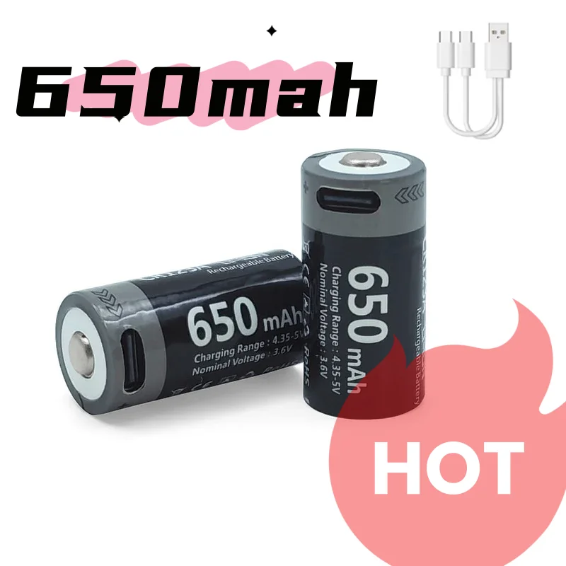 

1-2PCS 16340 3.7V 650mAh USB Rechargeable Battery, Type-C CR123A Li-ion for Camera Flashlight