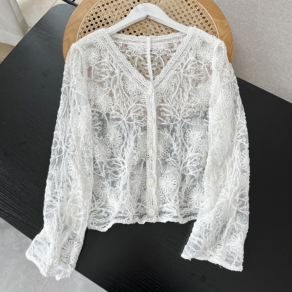 Sheer Embroidery Lace Blouse Crochet Knit Cover Up Top Long Sleeve Button Front Cardigan Women Summer Boho Vacation Outfit