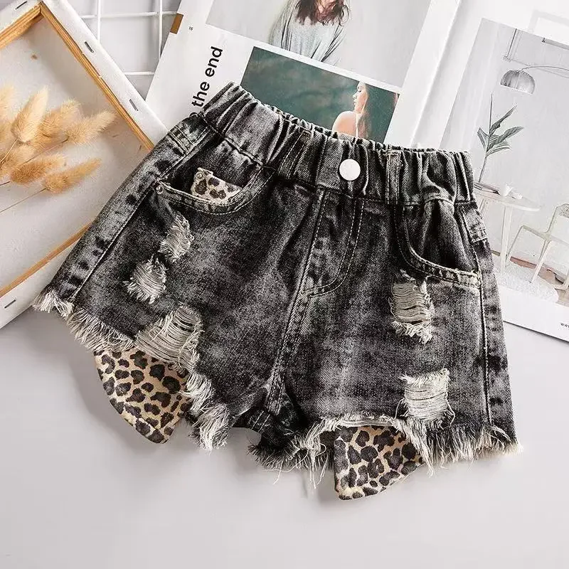 

New Summer Stylish Five Quarter Pants Mid Size Children's Fashionable Hot Pants Girls' Ripped Denim Shorts Korean Version