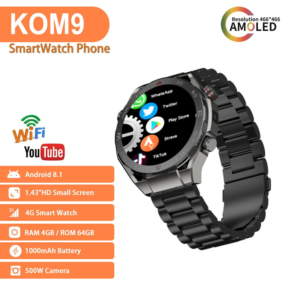 64G Smartwatch 4G Network Android 8.1 System 1.43 inch 466*466 Screen 500W Camera GPS WIFI Heart Rate Smart Watch Men Women 2025