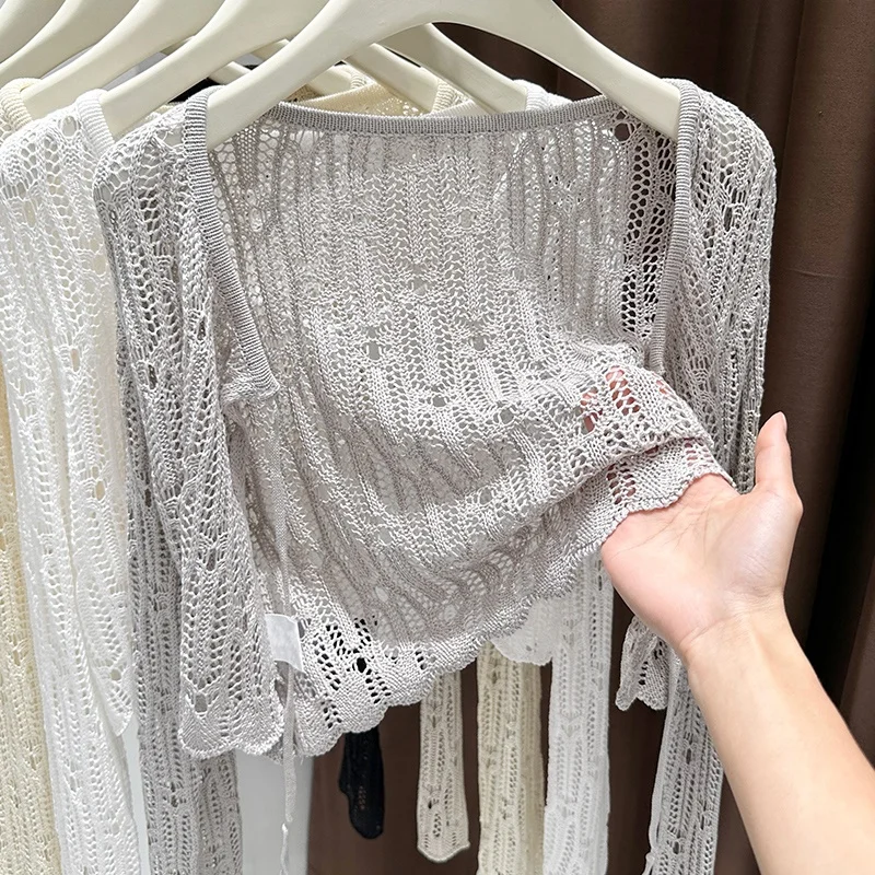 سترة صوفية شفافة باللون الرمادي - غطاء مجوف برباط مع حزام، فستان شاطئ خفيف الوزن، شال بوهو مكتب متجدد الهواء