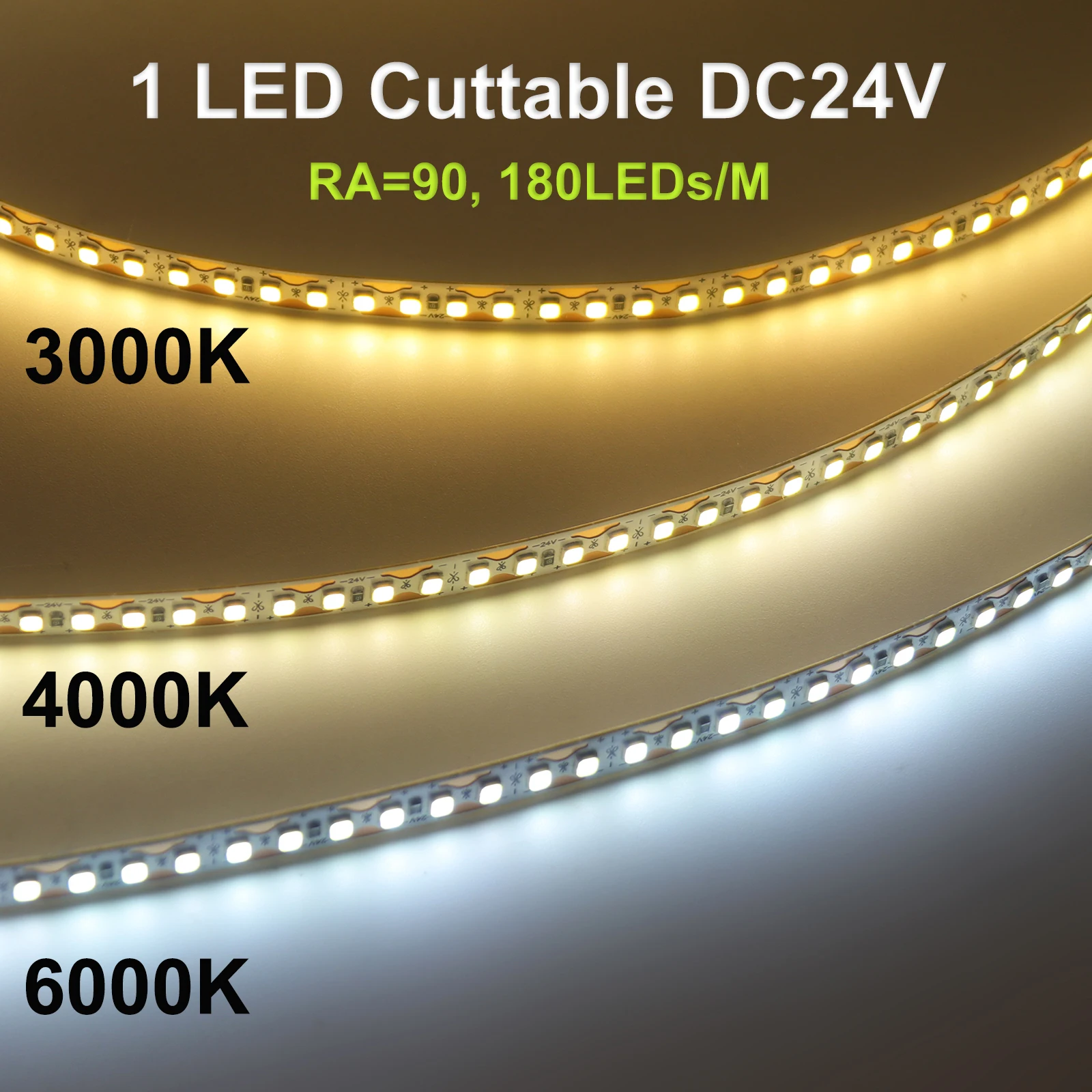 24V 5m 10m/Roll LED Strip Light High Bright 180LEDs/M 2835 8mm 3000K 4000K 6500K RA90 1 LED Cut Flexible Tape Ribbon Home Decor