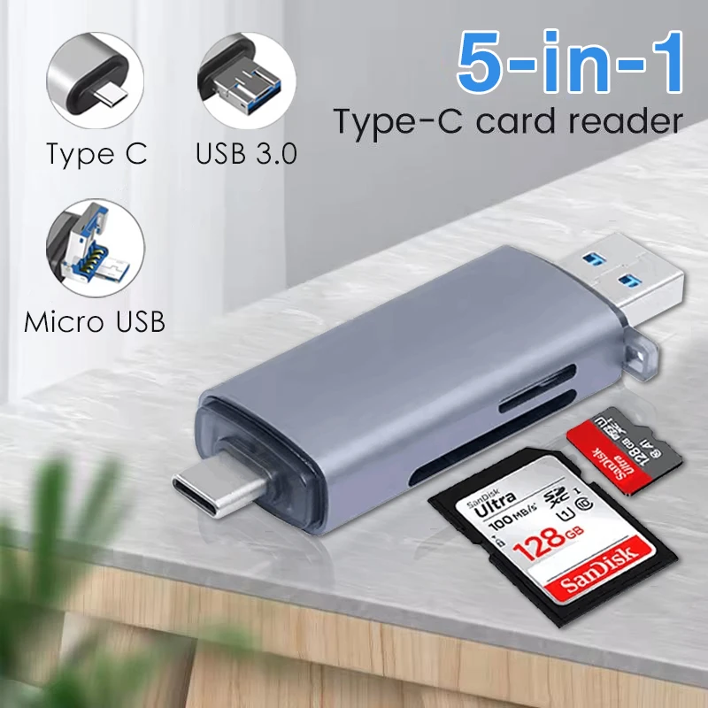 1-2 PCS OTG Dual SD/TF Card Reader, USB 3.0 Type-C/Micro 5Gbps Aluminum Alloy, Plug & Play for IPhone/for Samsung/Xiaomi/PC