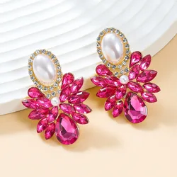 Luxury Full Shiny Crystals Big Stud Pearl Earrings For Women Wedding Party Statement Fuchsia Jewelry