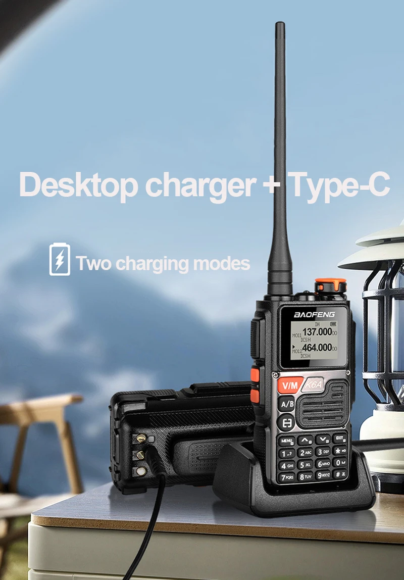 1 قطعة BAOFENG K6A جهاز اتصال لاسلكي محمول AM/FM فرقة الطيران وظيفة عداد التردد ، بطارية طويلة الأمد TYPE-C