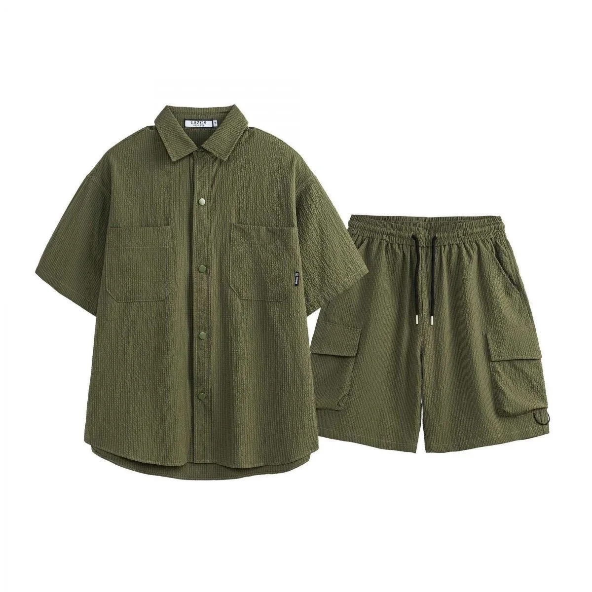 

Summer Fashion Solid Color Comfortable Breathable Short Sleeve Shirt Beach Set Men's Casual Loose Sports Plus Size Two-Piece Set