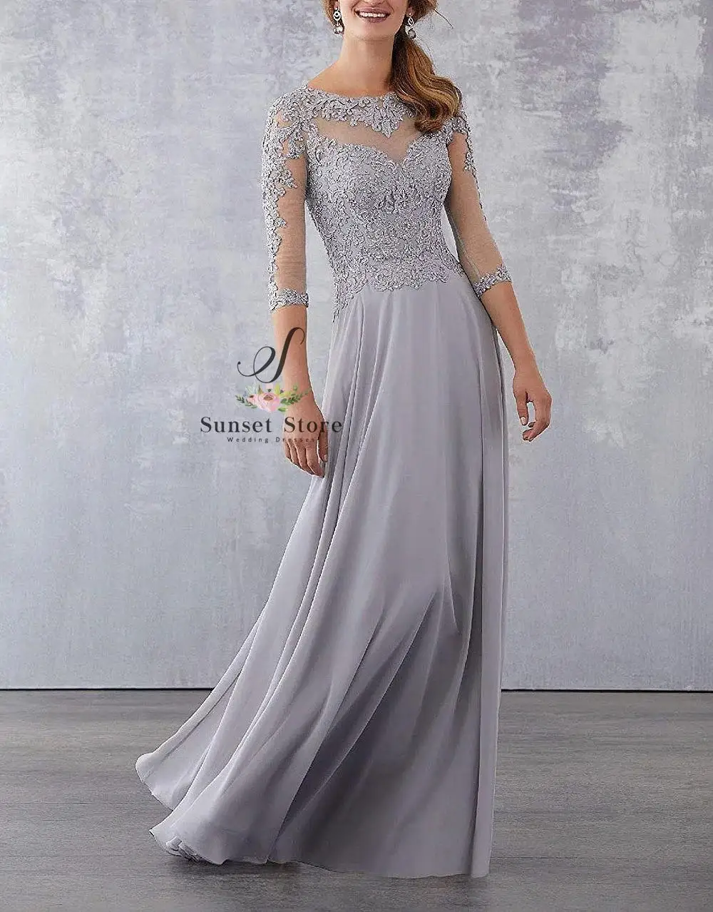 Customized  Lace Applique Beaded Mother of the Bride Dresses Elegant Three Quarter Sleeve Long Chiffon Evening Formal Mother Dre